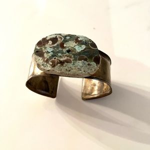 Polished green moss agate stone cuff bangle bracelet NWOT